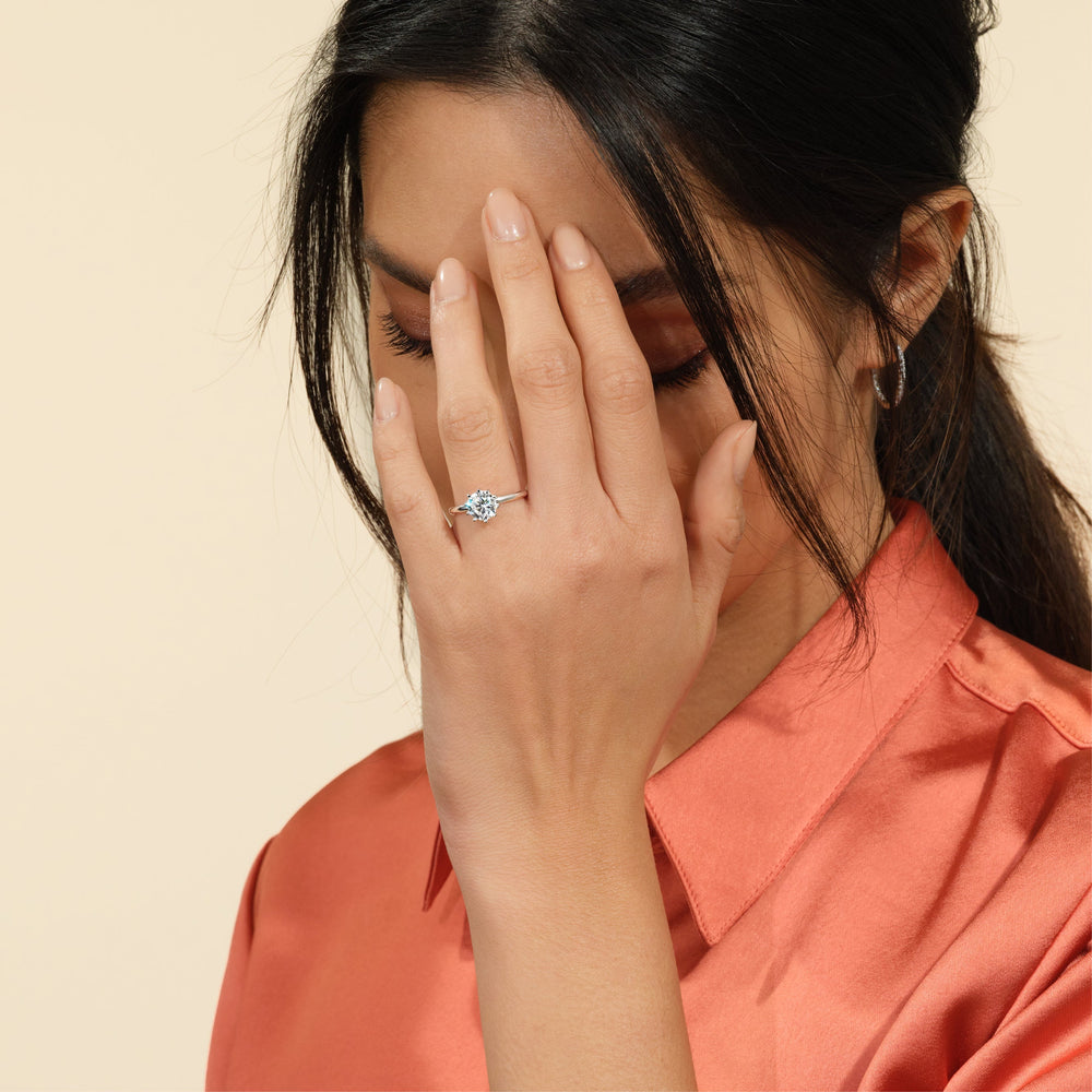 Model Wearing Petite Ten Prong Solitaire Engagement Ring view