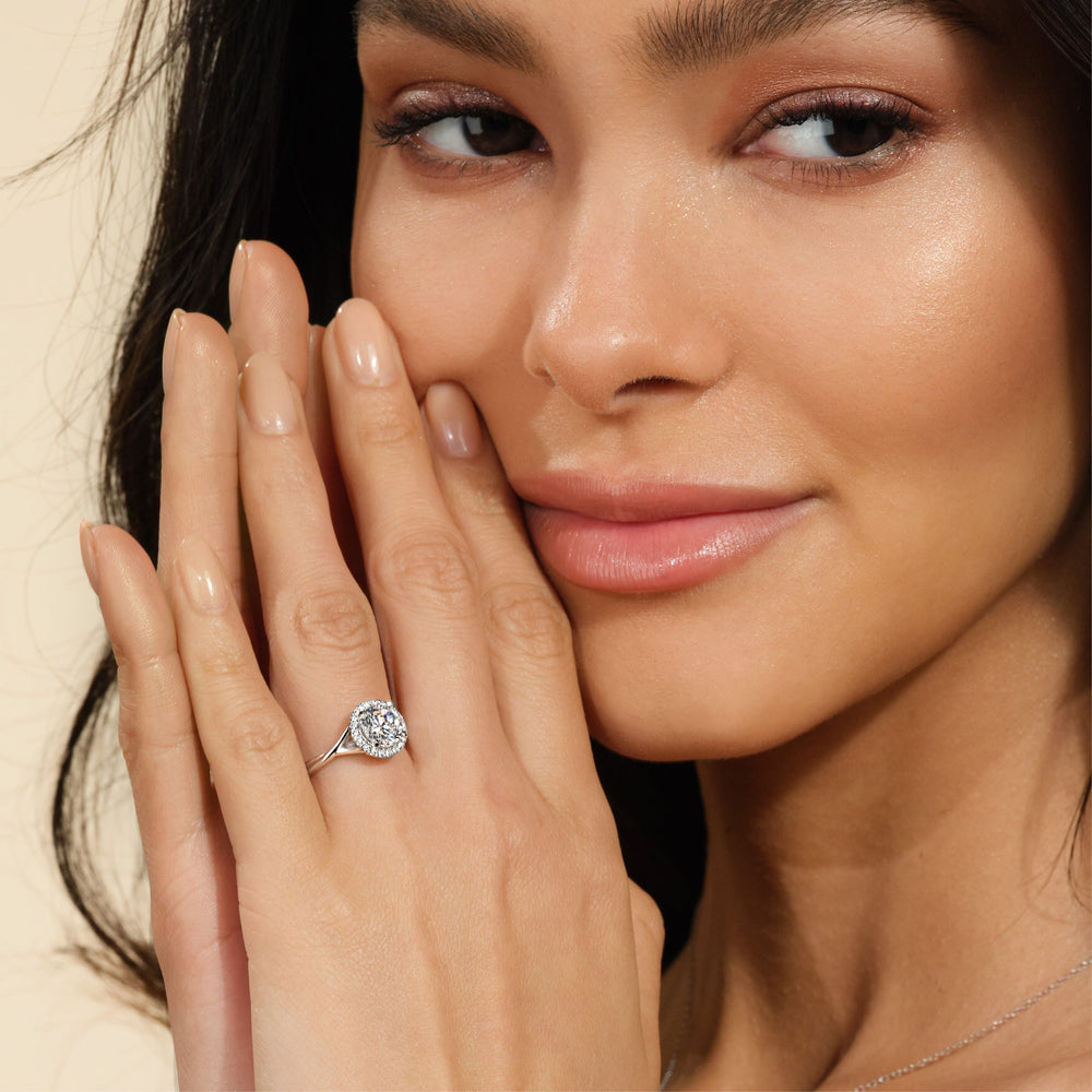 Model Wearing Criss Cross Shank Halo Engagement Ring view