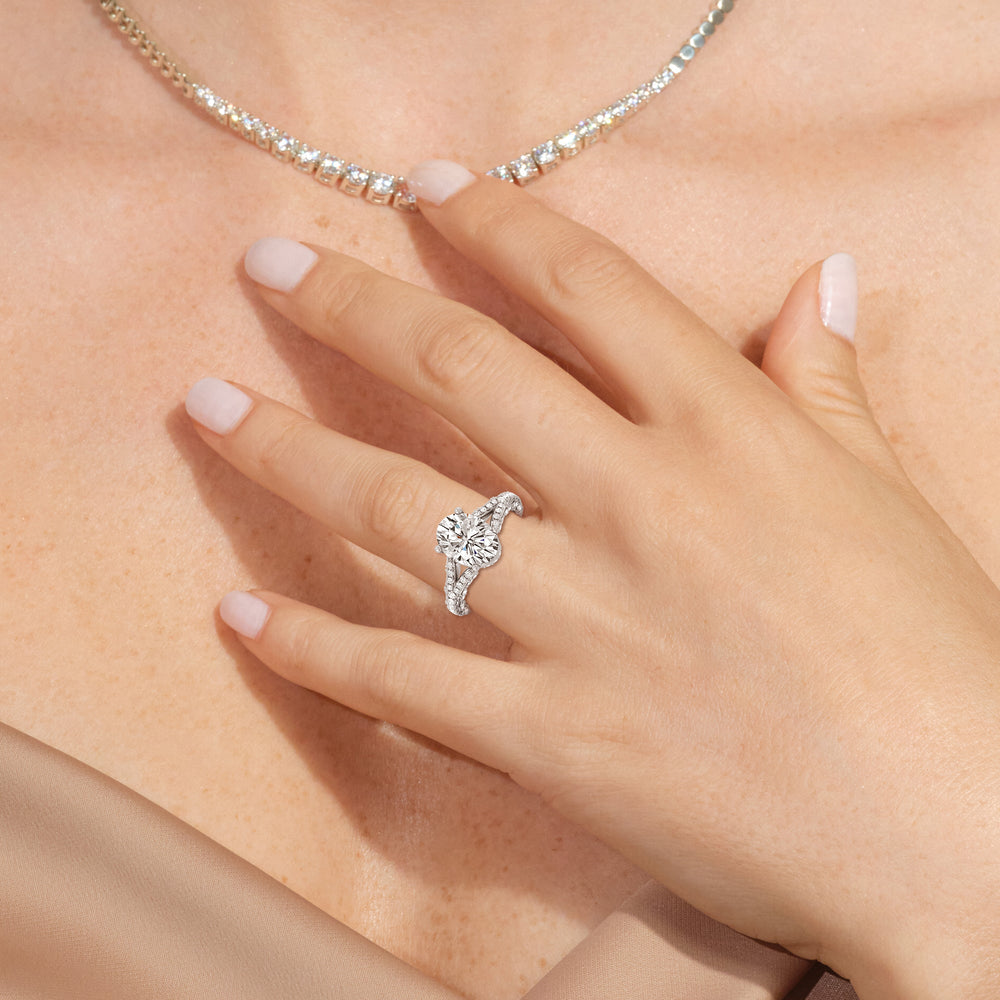 Model Wearing Pave Split Shank Scalloped Hidden Halo Engagement Ring view
