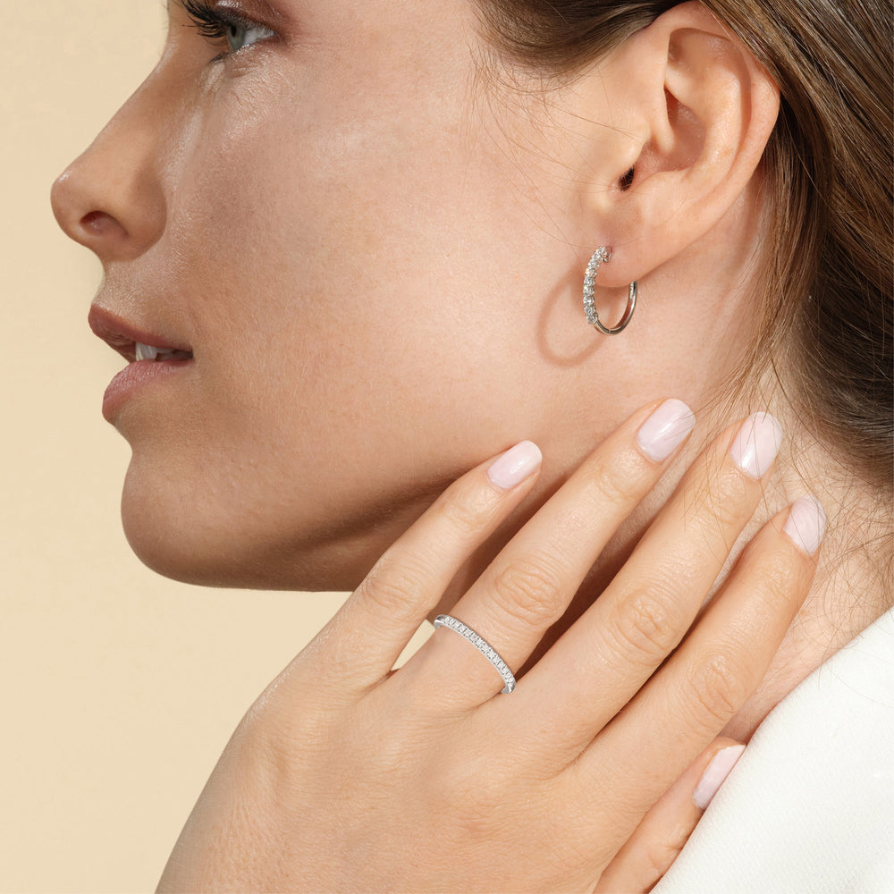 Model Wearing Lyra Fine Petite French Set Diamond Wedding Band view