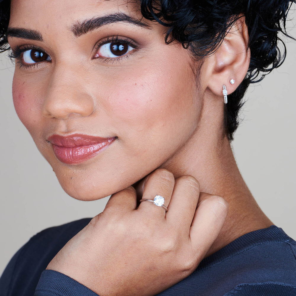 Model Wearing Knife Edge Solitaire Diamond Engagement Ring view