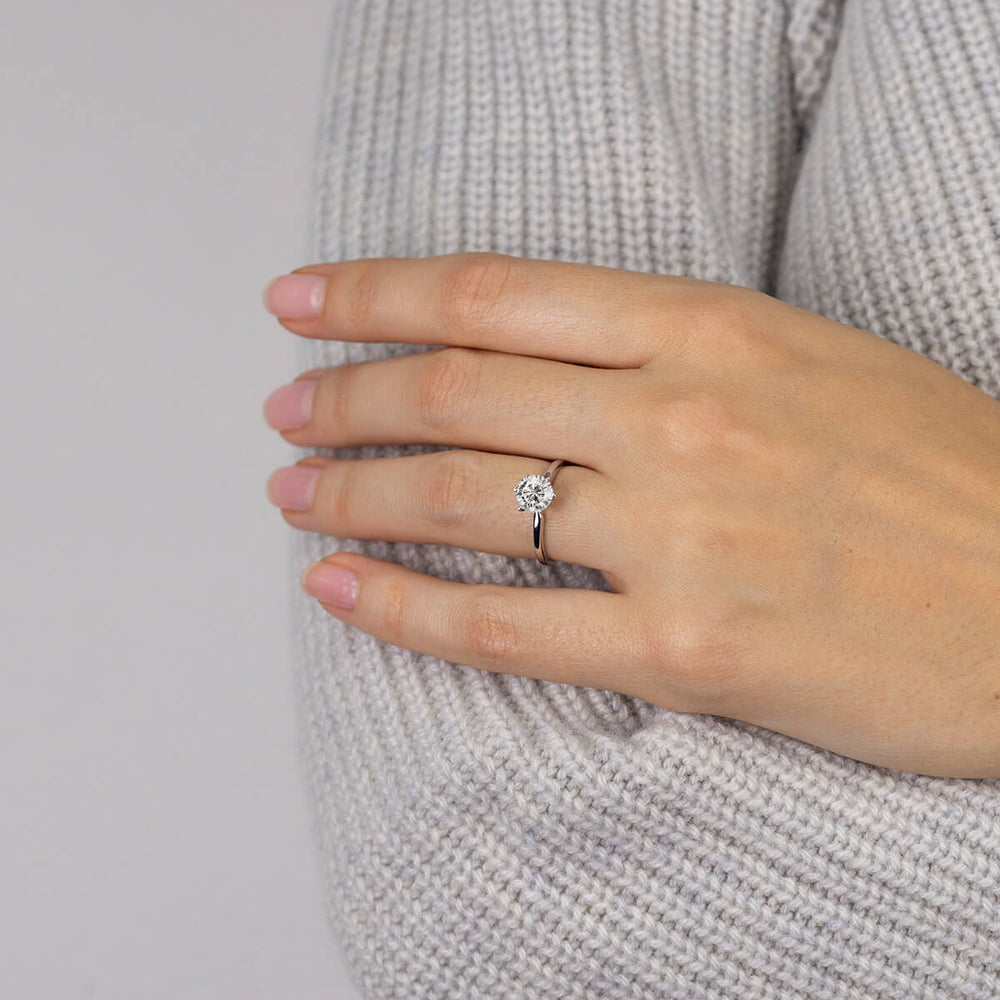 Model Wearing Fine Classic Six Prong Solitaire Diamond Engagement Ring with Lab Grown Diamond view