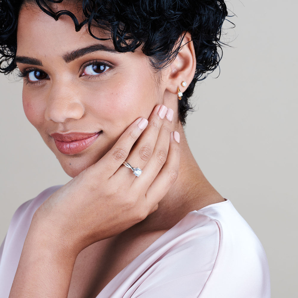 Model Wearing Fine Cathedral Twist Diamond Engagement Ring view