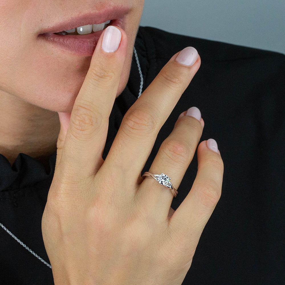 Model Wearing Fine Cathedral Twist Diamond Engagement Ring view