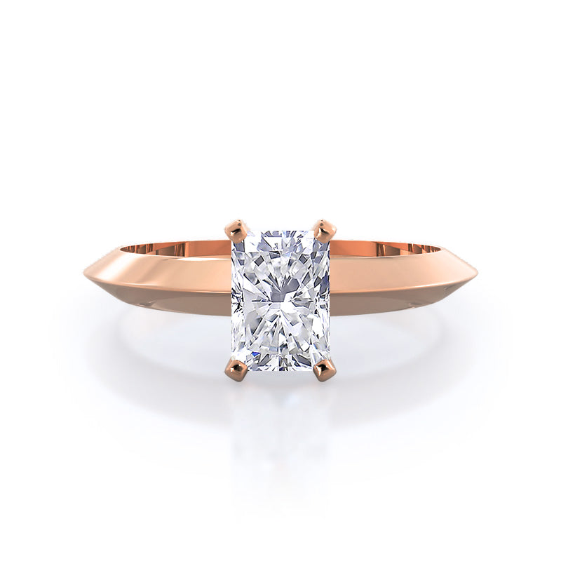 Knife Edge Solitaire Diamond Engagement Ring with Radiant Cut Diamond in 14KT Rose Gold view 1
