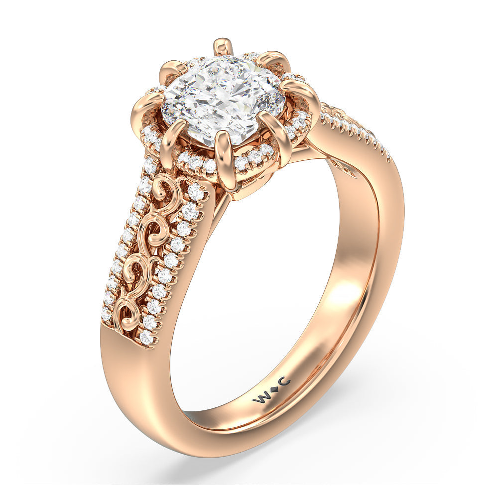 Vintage Filigree Floral Halo Engagement Ring with Cushion Cut Diamond in 14KT Rose Gold view 3
