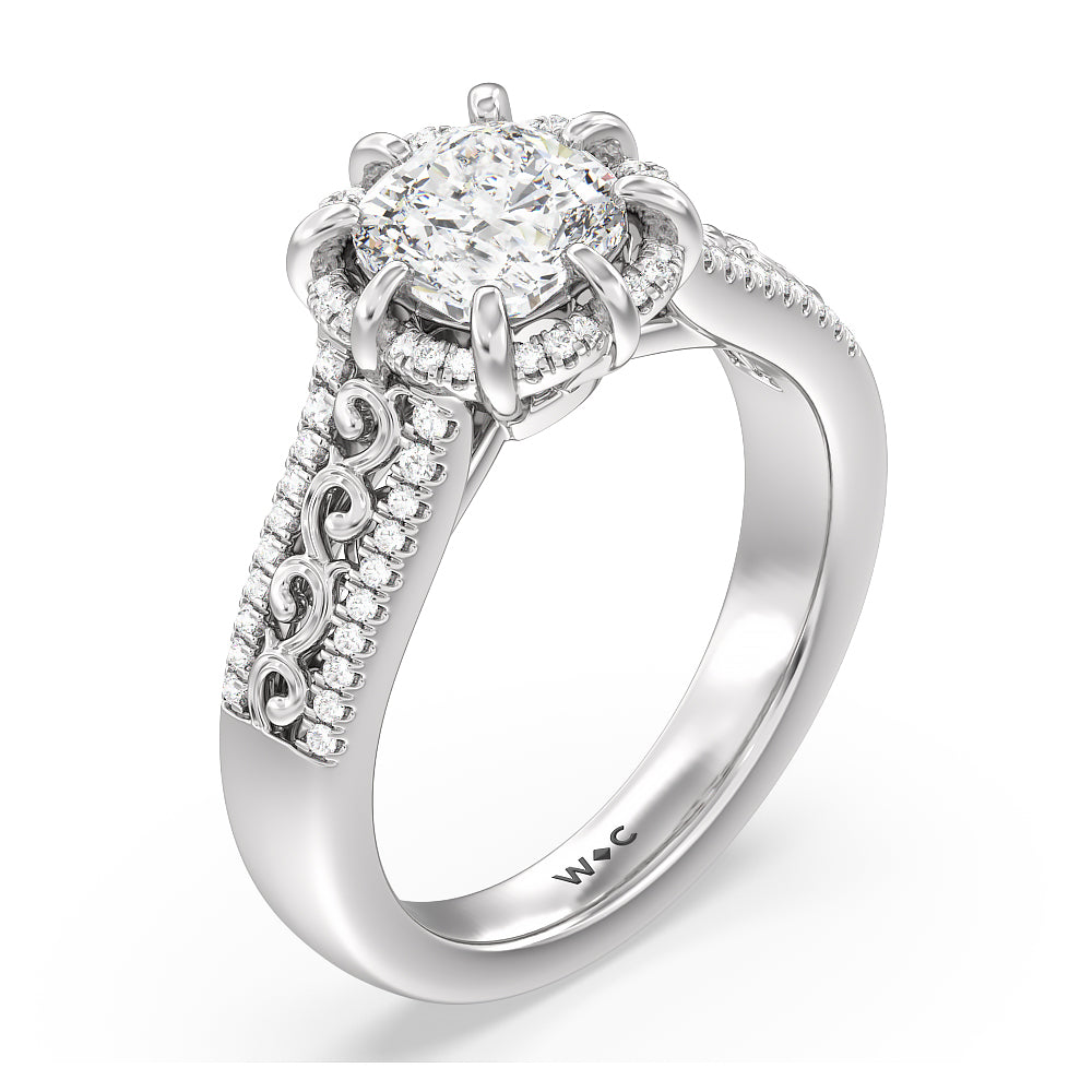 Vintage Filigree Floral Halo Engagement Ring with Cushion Cut Diamond in 14KT Platinum view 3
