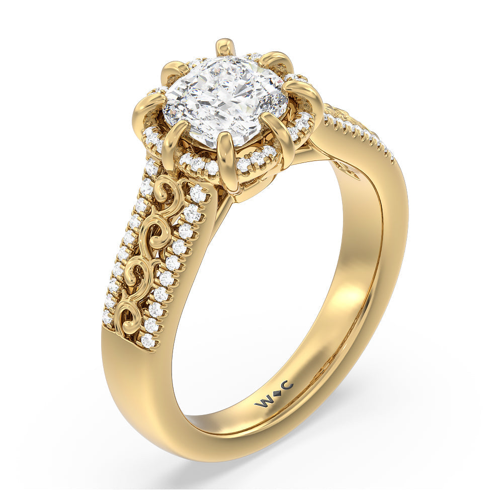 Vintage Filigree Floral Halo Engagement Ring with Cushion Cut Diamond in 14KT Yellow Gold view 3
