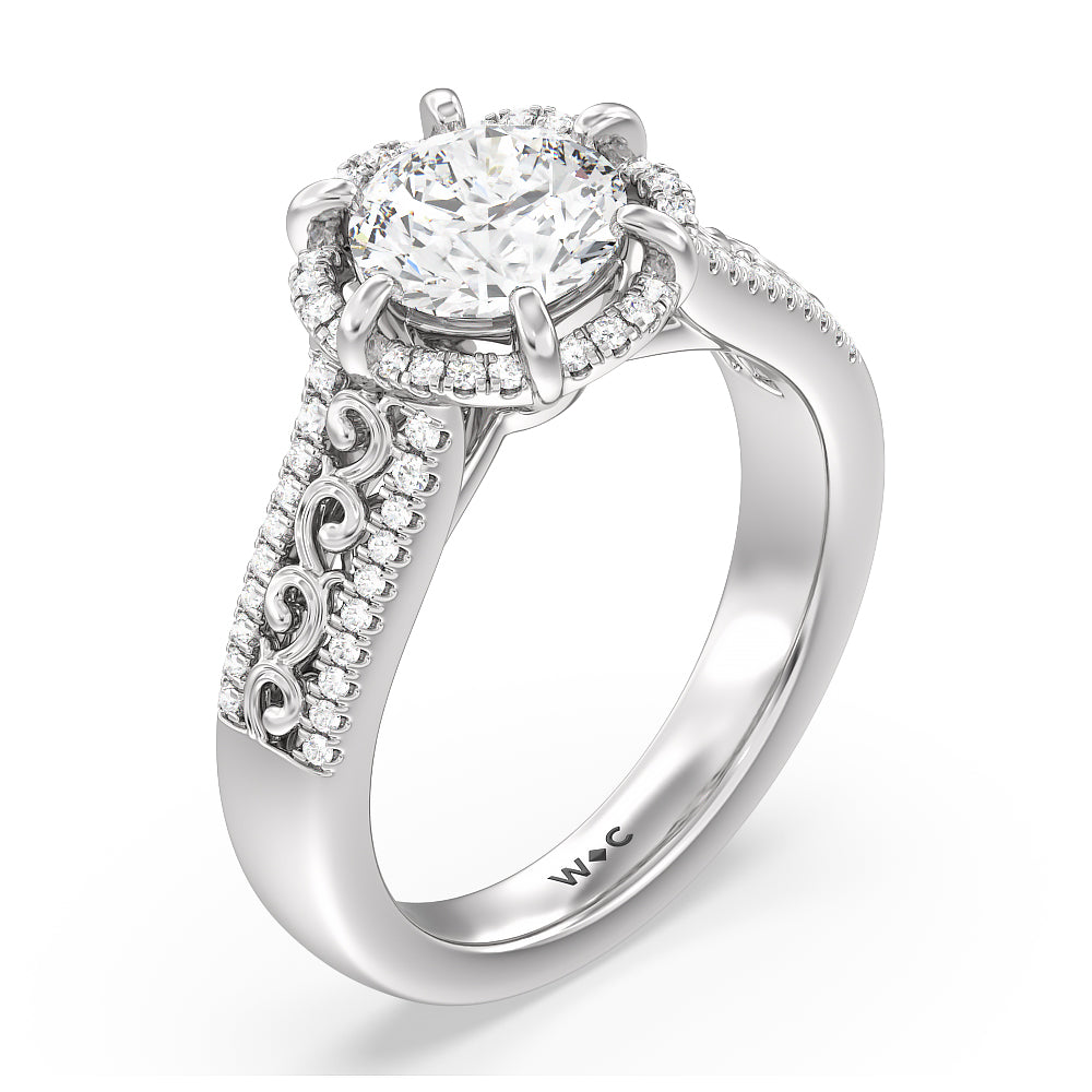 Vintage Filigree Floral Halo Engagement Ring with Round Cut Diamond in 14KT Platinum view 3
