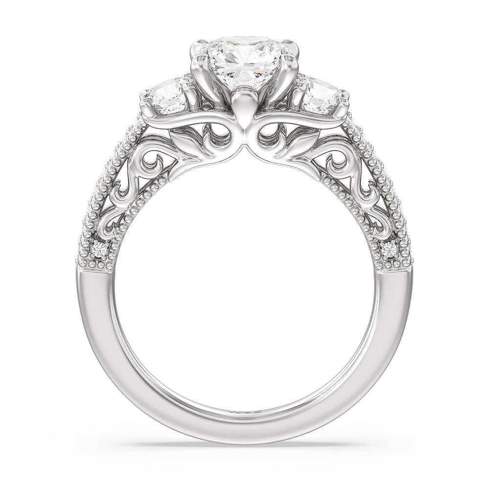 Cushion Cut Vintage Grapevine Scroll 3 Stone Diamond Engagement Ring with Lab Grown Diamond in 14KT Platinum view 2
