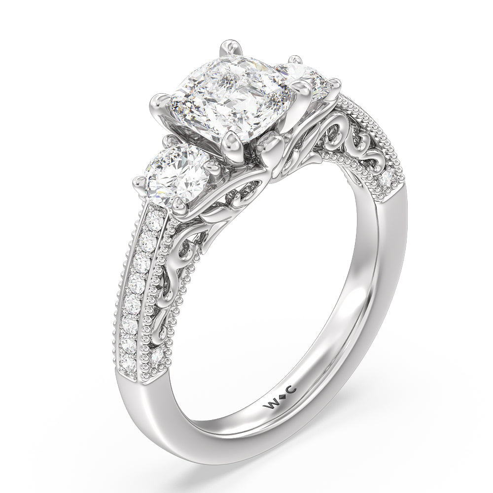 Cushion Cut Vintage Grapevine Scroll 3 Stone Diamond Engagement Ring with Lab Grown Diamond in 14KT Platinum view 3
