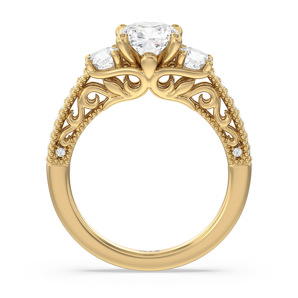 Cushion Cut Vintage Grapevine Scroll 3 Stone Diamond Engagement Ring with Lab Grown Diamond in 14KT Yellow Gold view 2
