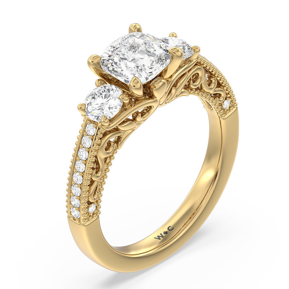 Cushion Cut Vintage Grapevine Scroll 3 Stone Diamond Engagement Ring with Lab Grown Diamond in 14KT Yellow Gold view 3
