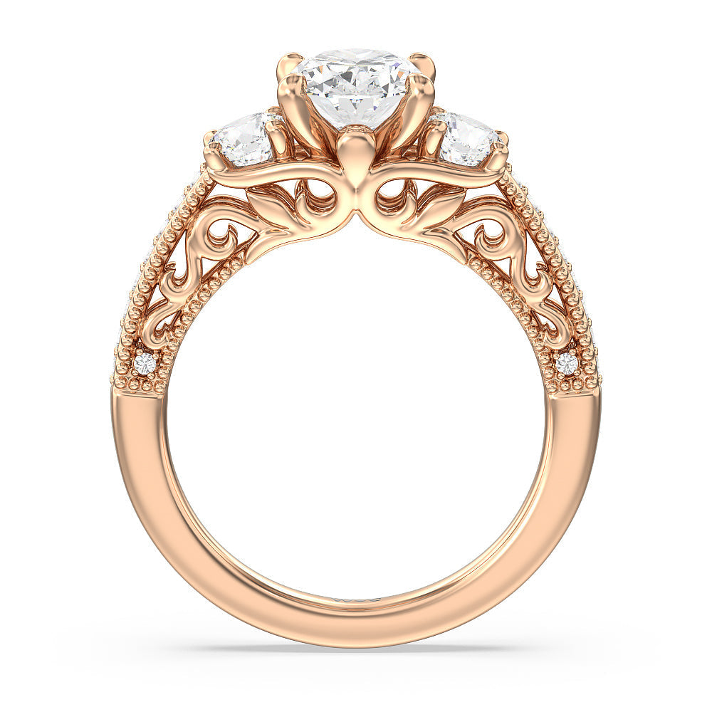 Oval Cut Vintage Grapevine Scroll 3 Stone Diamond Engagement Ring with Lab Grown Diamond in 14KT Rose Gold view 2
