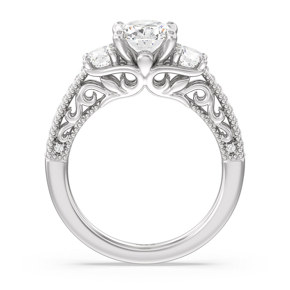 Oval Cut Vintage Grapevine Scroll 3 Stone Diamond Engagement Ring with Lab Grown Diamond in 14KT Platinum view 2

