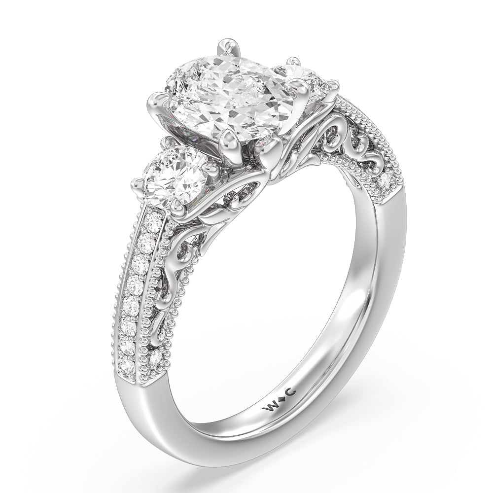 Oval Cut Vintage Grapevine Scroll 3 Stone Diamond Engagement Ring with Lab Grown Diamond in 14KT Platinum view 3
