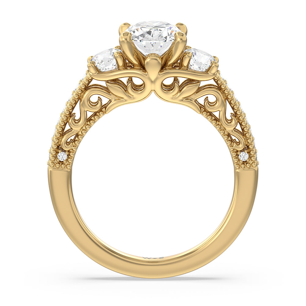Oval Cut Vintage Grapevine Scroll 3 Stone Diamond Engagement Ring with Lab Grown Diamond in 14KT Yellow Gold view 2
