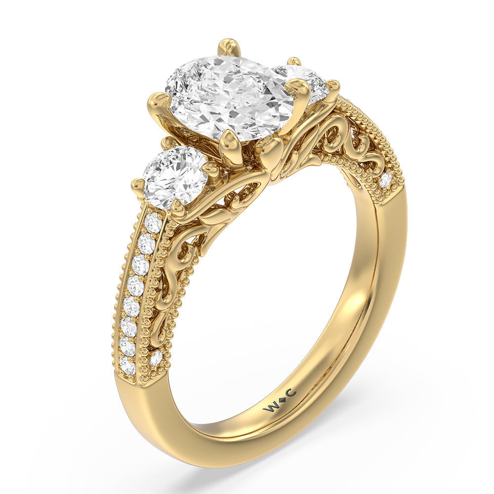 Oval Cut Vintage Grapevine Scroll 3 Stone Diamond Engagement Ring with Lab Grown Diamond in 14KT Yellow Gold view 3

