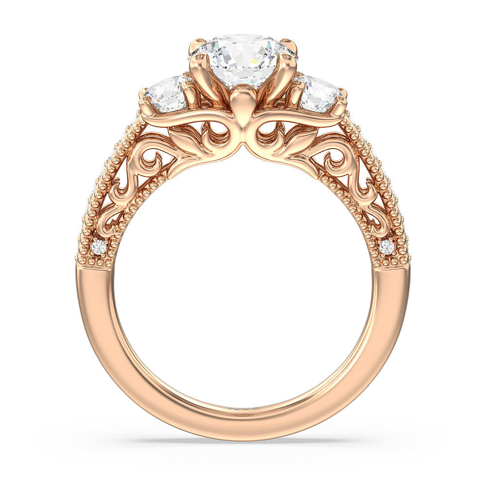 Round Cut Vintage Grapevine Scroll 3 Stone Diamond Engagement Ring with Lab Grown Diamond in 14KT Rose Gold view 2
