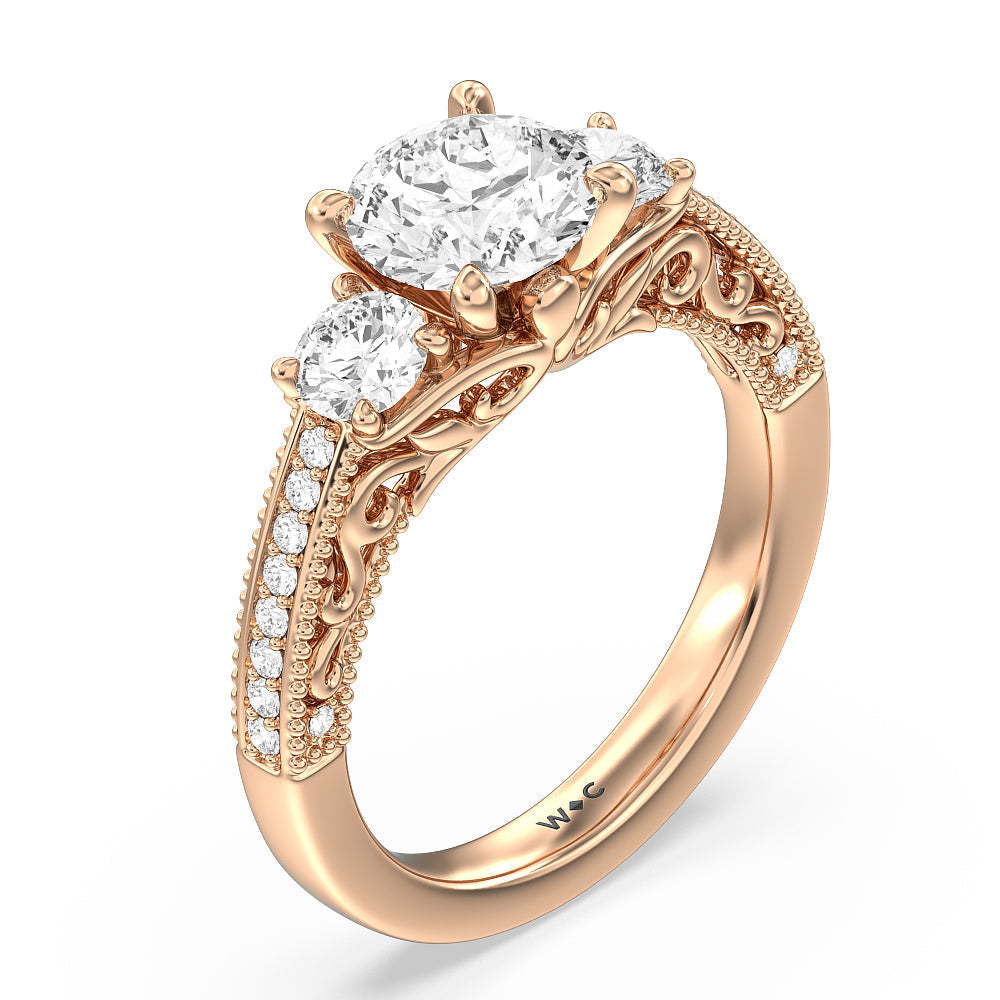Round Cut Vintage Grapevine Scroll 3 Stone Diamond Engagement Ring with Lab Grown Diamond in 14KT Rose Gold view 3
