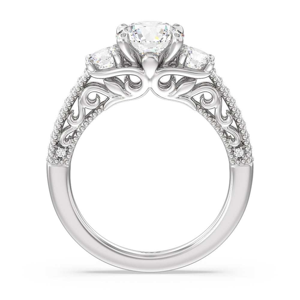 Round Cut Vintage Grapevine Scroll 3 Stone Diamond Engagement Ring with Lab Grown Diamond in 14KT Platinum view 2
