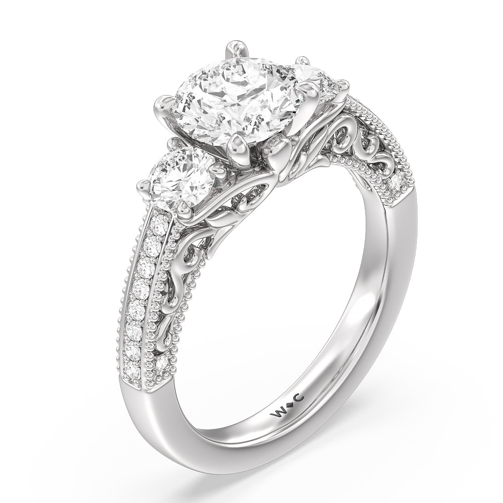 Round Cut Vintage Grapevine Scroll 3 Stone Diamond Engagement Ring with Lab Grown Diamond in 14KT Platinum view 3
