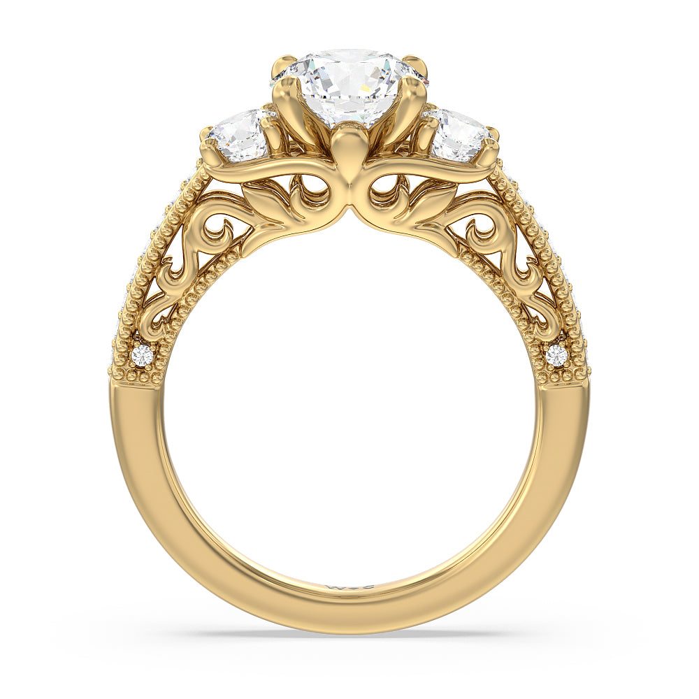 Round Cut Vintage Grapevine Scroll 3 Stone Diamond Engagement Ring with Lab Grown Diamond in 14KT Yellow Gold view 2
