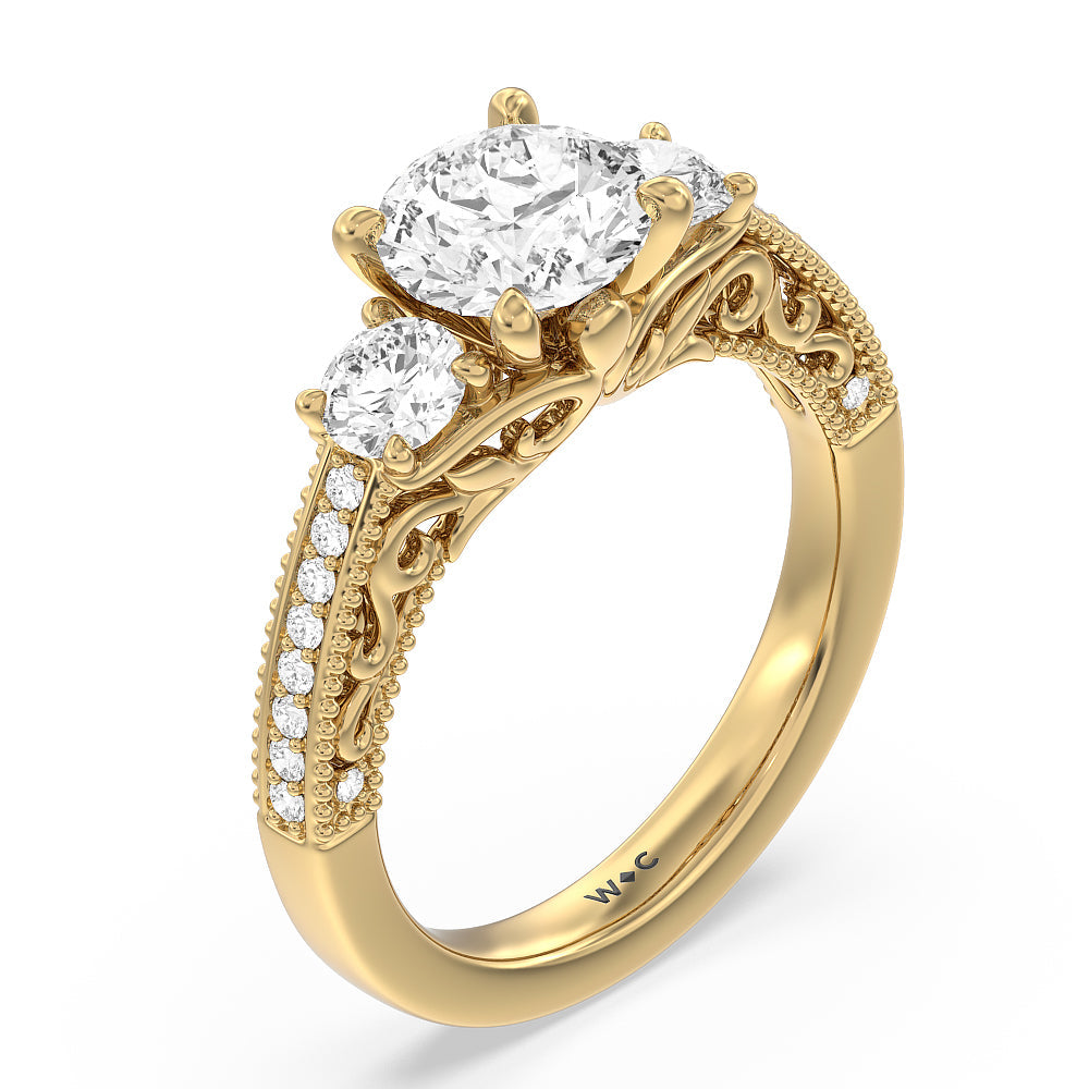 Round Cut Vintage Grapevine Scroll 3 Stone Diamond Engagement Ring with Lab Grown Diamond in 14KT Yellow Gold view 3
