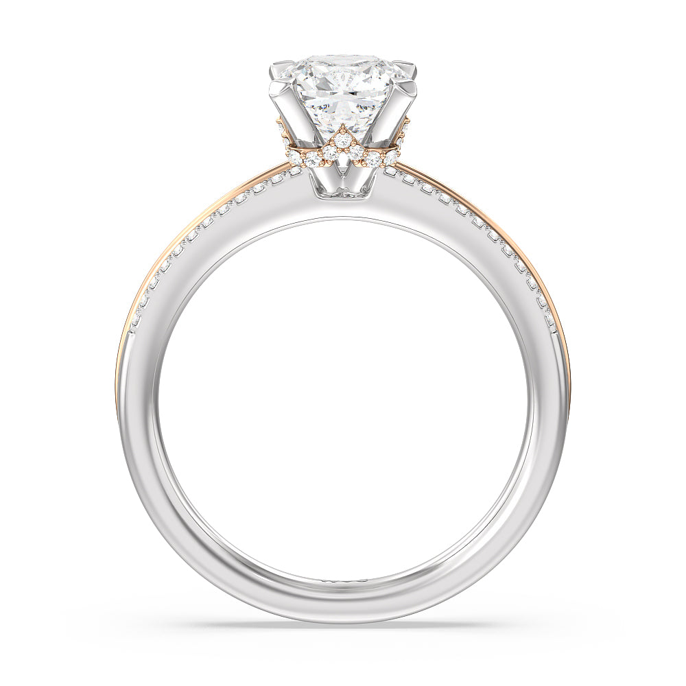 Double Row Pave Hidden Halo Engagement Ring with Cushion Cut Diamond in 14KT White & Rose Gold view 2
