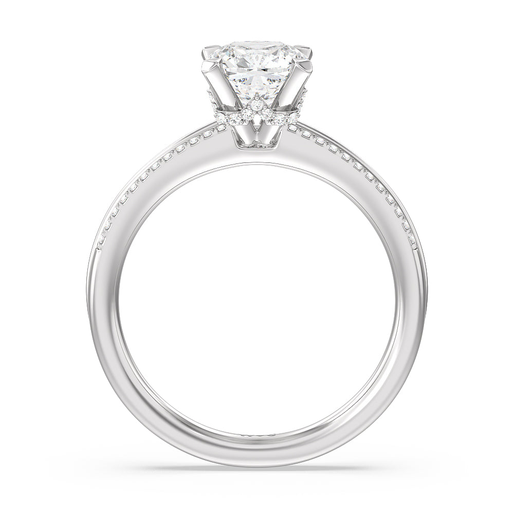 Double Row Pave Hidden Halo Engagement Ring with Cushion Cut Diamond in 14KT Platinum view 2
