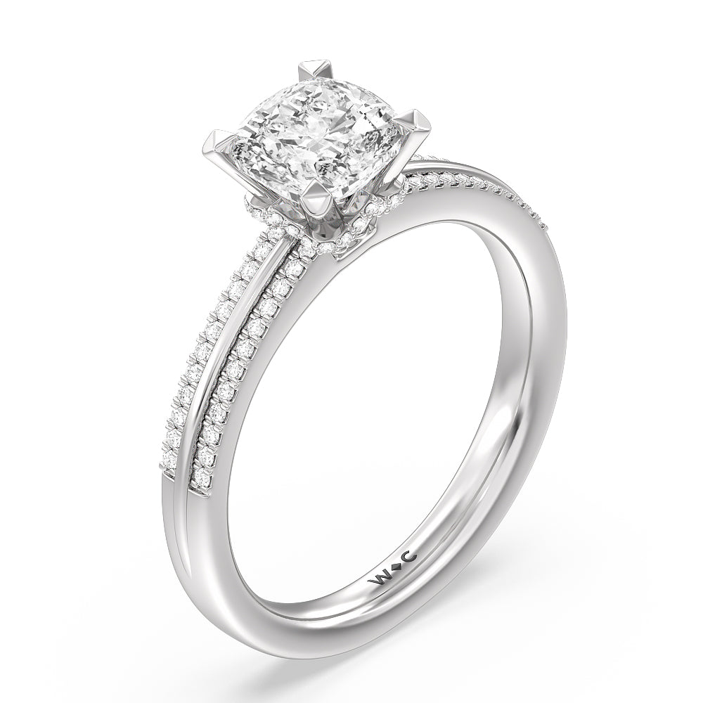 Double Row Pave Hidden Halo Engagement Ring with Cushion Cut Diamond in 14KT Platinum view 3
