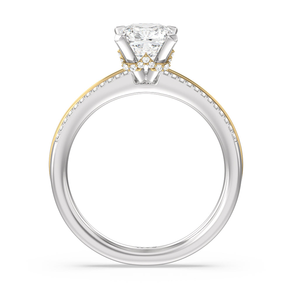 Double Row Pave Hidden Halo Engagement Ring with Cushion Cut Diamond in 14KT White & Yellow Gold view 2
