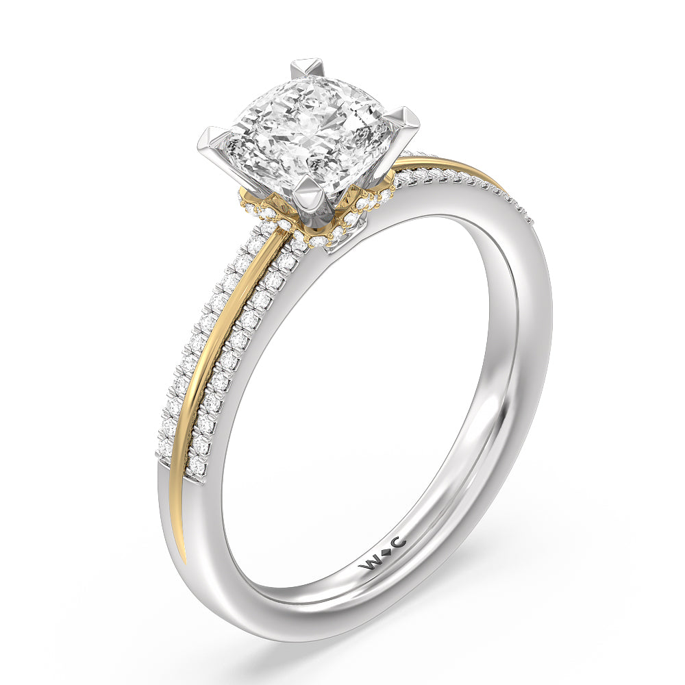 Double Row Pave Hidden Halo Engagement Ring with Cushion Cut Diamond in 14KT White & Yellow Gold view 3
