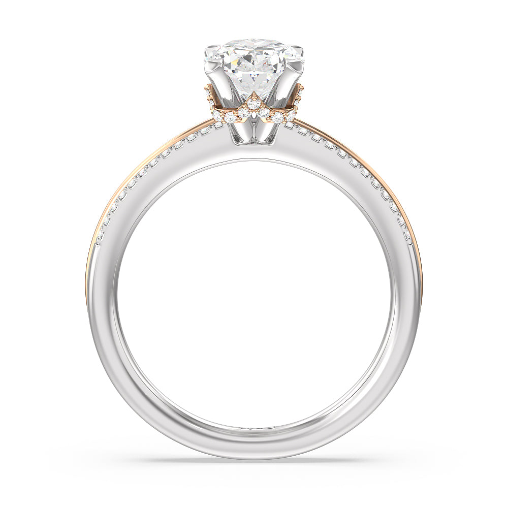 Double Row Pave Hidden Halo Engagement Ring with Oval Cut Diamond in 14KT White & Rose Gold view 2
