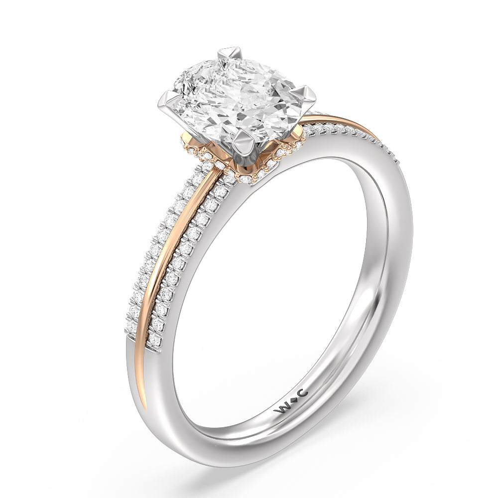 Double Row Pave Hidden Halo Engagement Ring with Oval Cut Diamond in 14KT White & Rose Gold view 3

