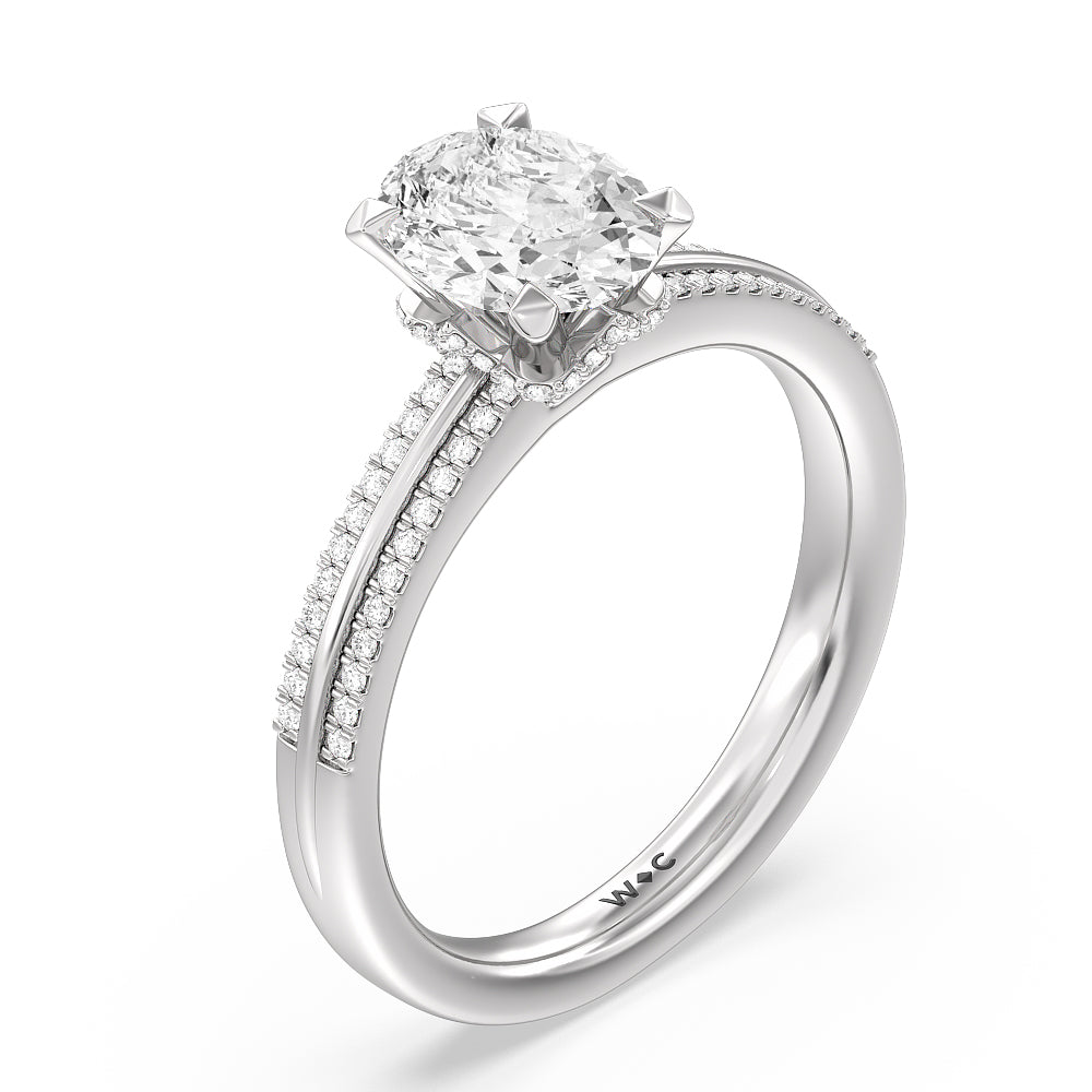 Double Row Pave Hidden Halo Engagement Ring with Oval Cut Diamond in 14KT Platinum view 3

