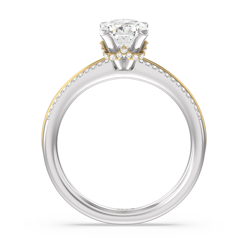 Double Row Pave Hidden Halo Engagement Ring with Oval Cut Diamond in 14KT White & Yellow Gold view 2
