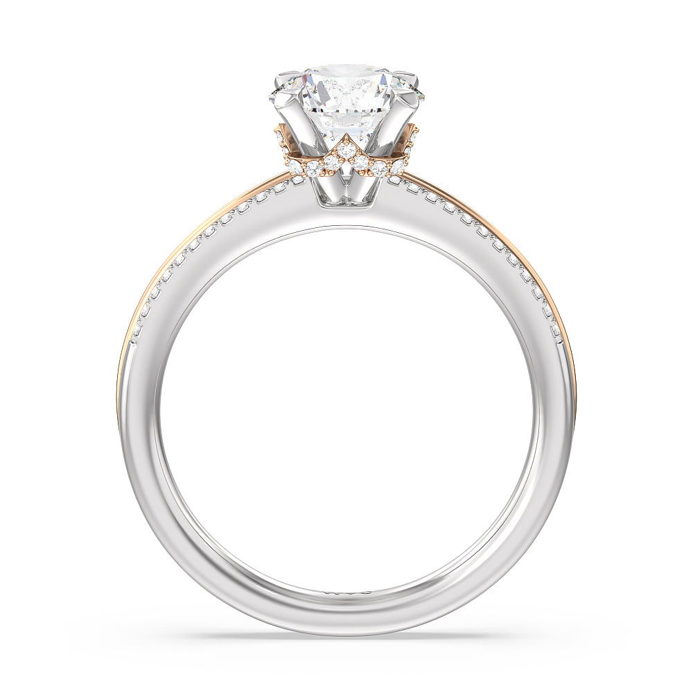 Double Row Pave Hidden Halo Engagement Ring with Round Cut Diamond in 14KT White & Rose Gold view 2
