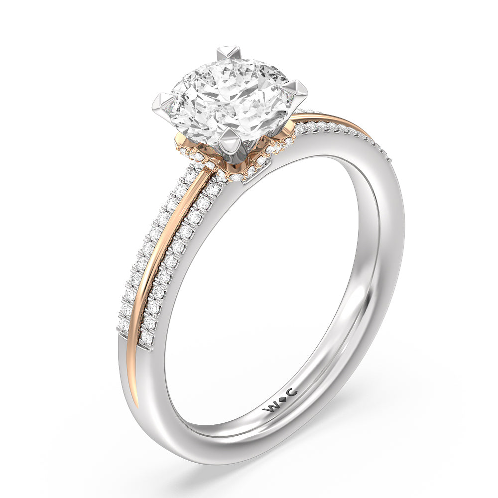 Double Row Pave Hidden Halo Engagement Ring with Round Cut Diamond in 14KT White & Rose Gold view 3
