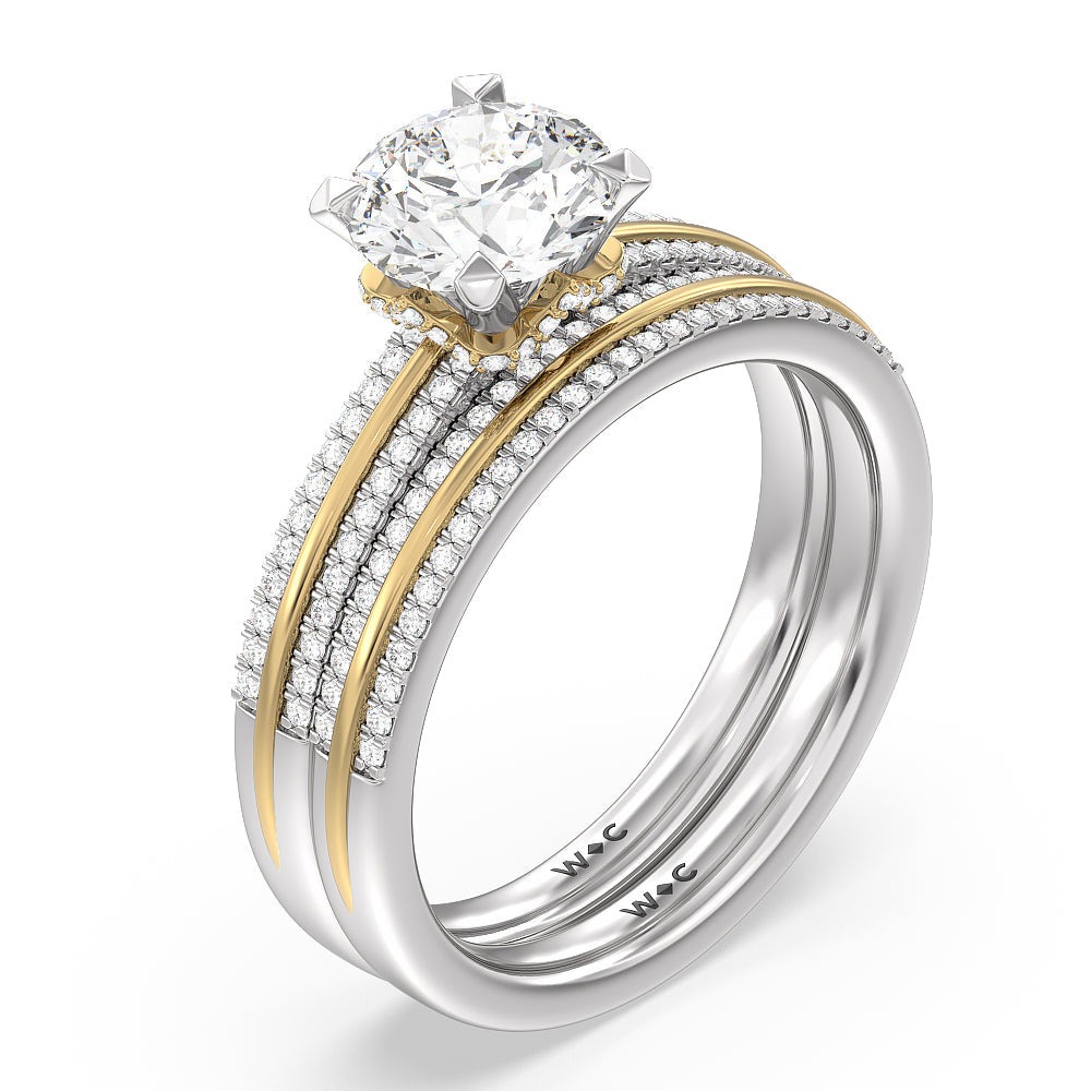 Double Row Pave Hidden Halo Engagement Ring with Round Cut Diamond in 14KT White & Yellow Gold view 4
