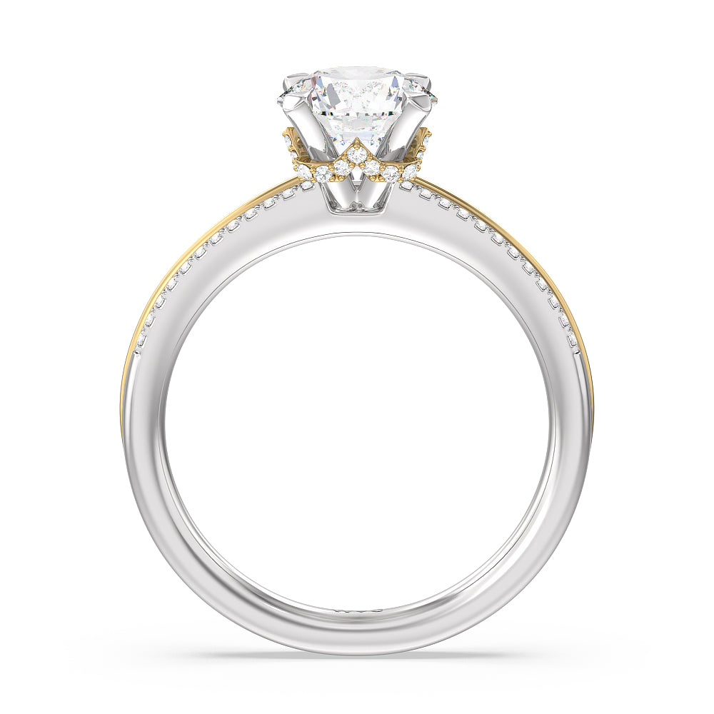 Double Row Pave Hidden Halo Engagement Ring with Round Cut Diamond in 14KT White & Yellow Gold view 2
