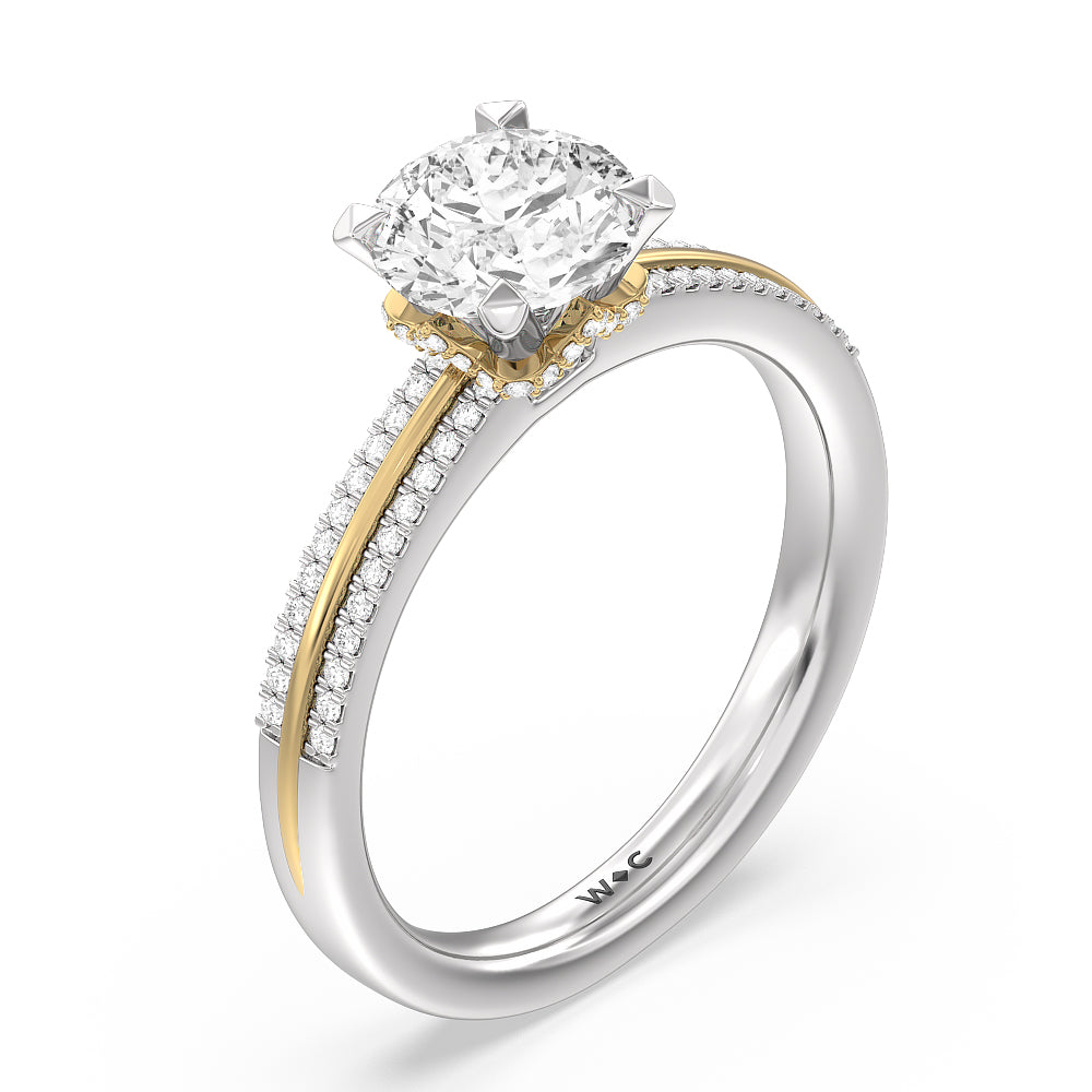 Double Row Pave Hidden Halo Engagement Ring with Round Cut Diamond in 14KT White & Yellow Gold view 3
