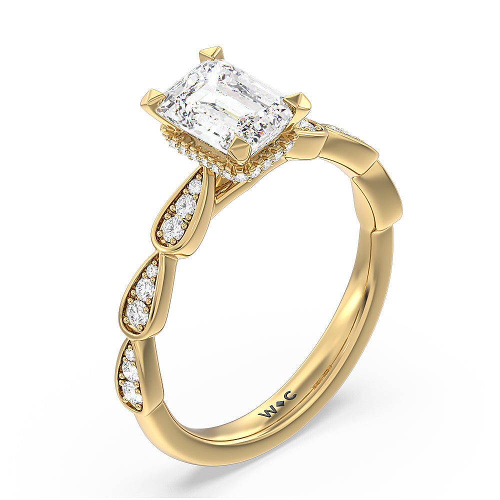 Emerald Cut Petal Hidden Halo Engagement Ring with Lab Grown Diamond in 14KT Yellow Gold view 3

