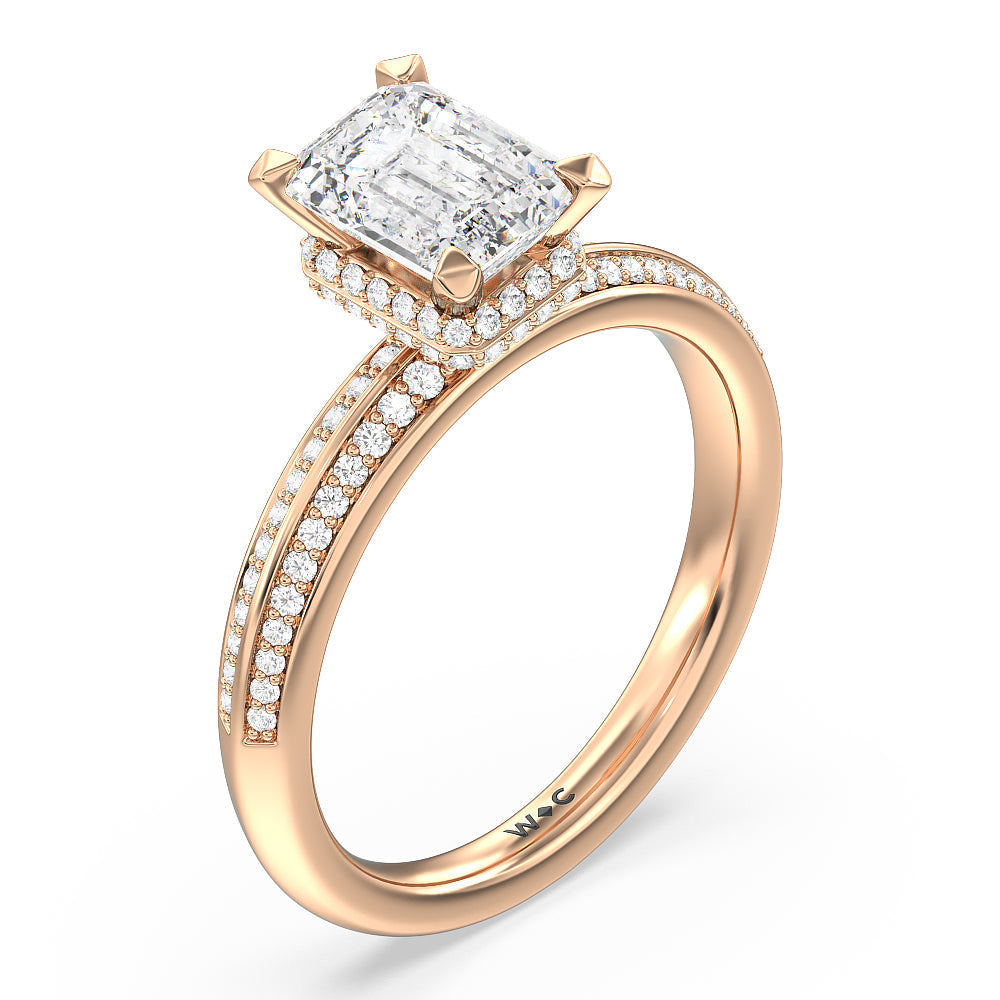Knife Edge Diamond Hidden Halo Ring with Emerald Cut Diamond in 14KT Rose Gold view 3
