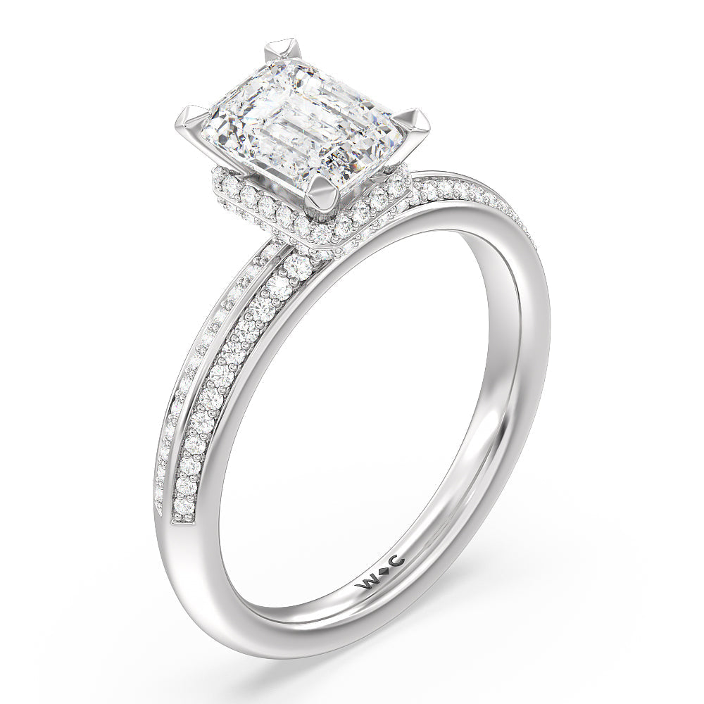 Knife Edge Diamond Hidden Halo Ring with Emerald Cut Diamond in 14KT Platinum view 3
