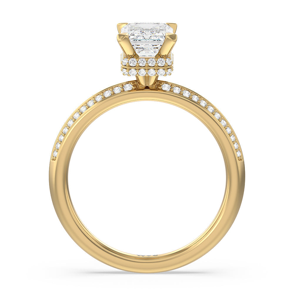 Knife Edge Diamond Hidden Halo Ring with Emerald Cut Diamond in 14KT Yellow Gold view 2
