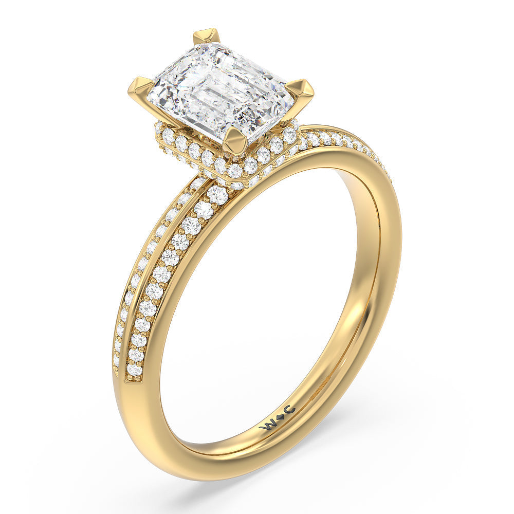 Knife Edge Diamond Hidden Halo Ring with Emerald Cut Diamond in 14KT Yellow Gold view 3
