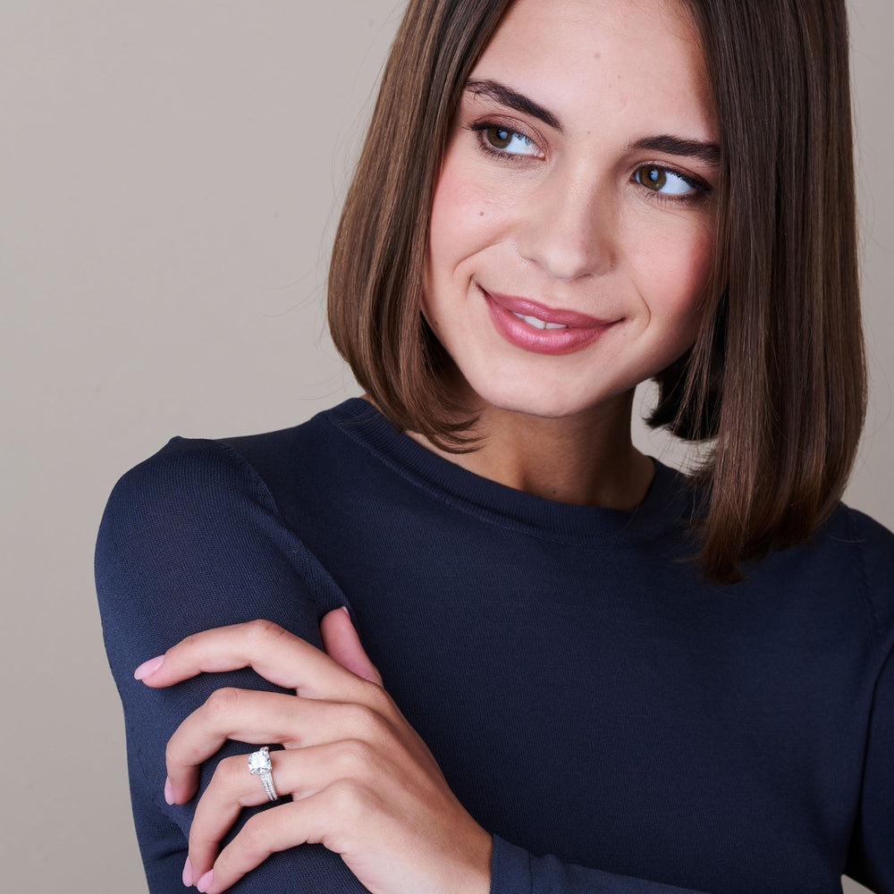 Model Wearing Knife Edge Diamond Hidden Halo Ring view