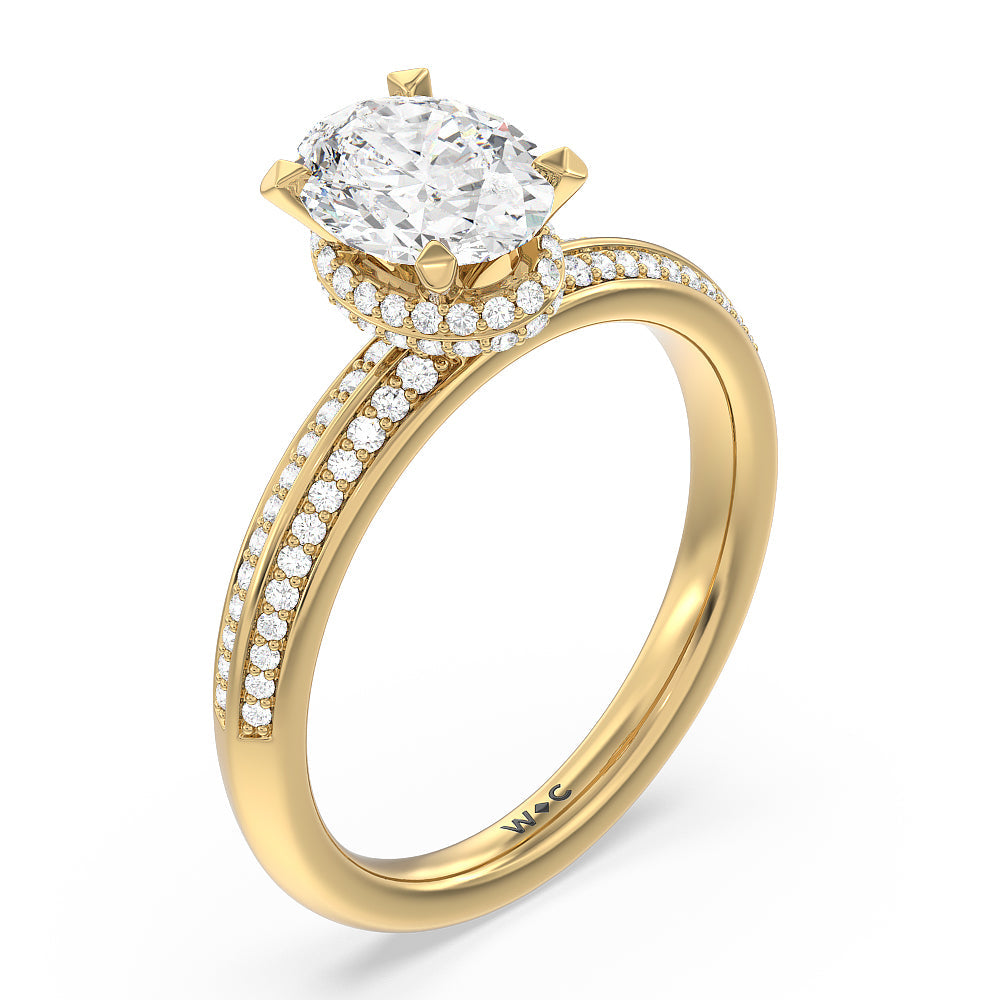 Knife Edge Diamond Hidden Halo Ring with Oval Cut Diamond in 14KT Yellow Gold view 3
