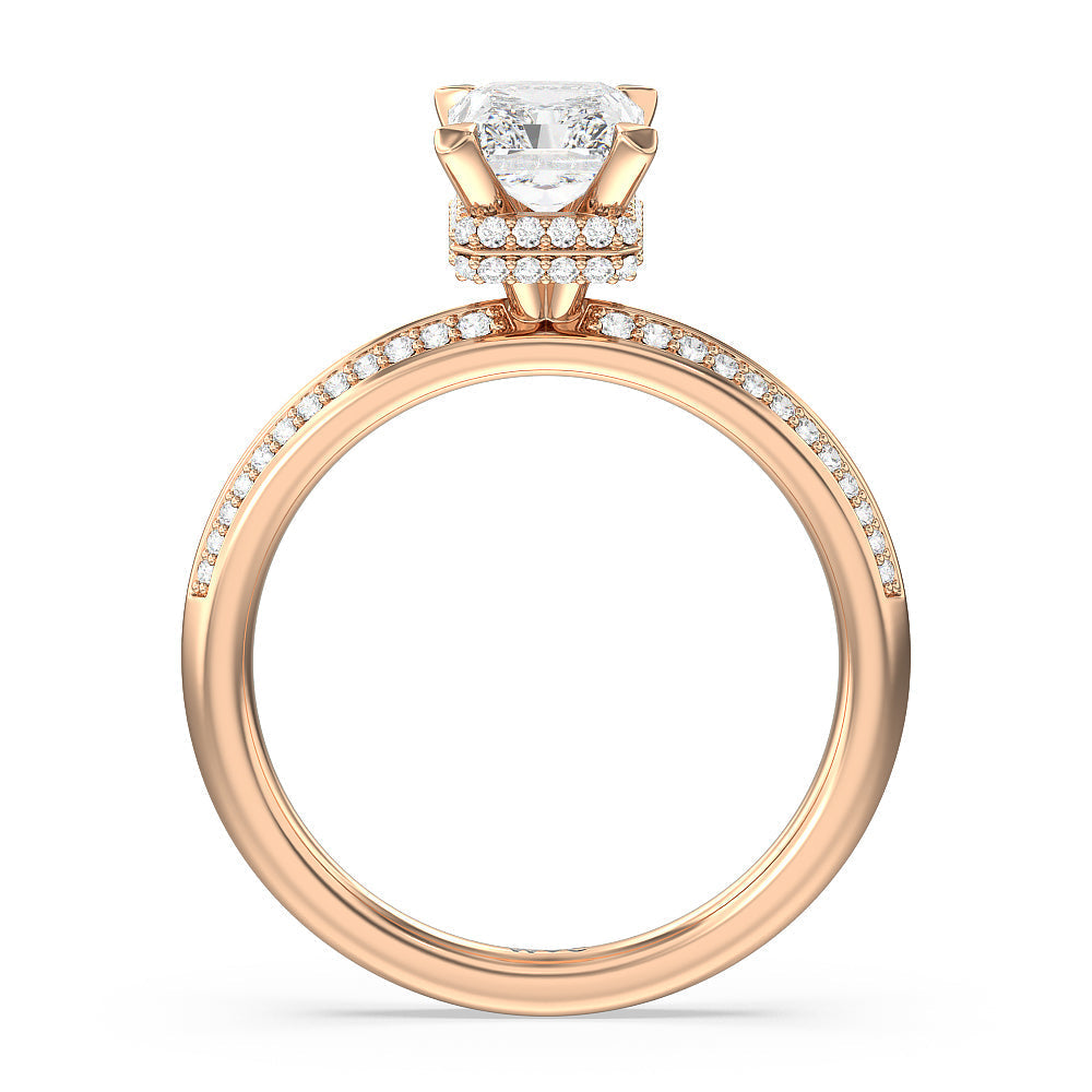Knife Edge Diamond Hidden Halo Ring with Radiant Cut Diamond in 14KT Rose Gold view 2
